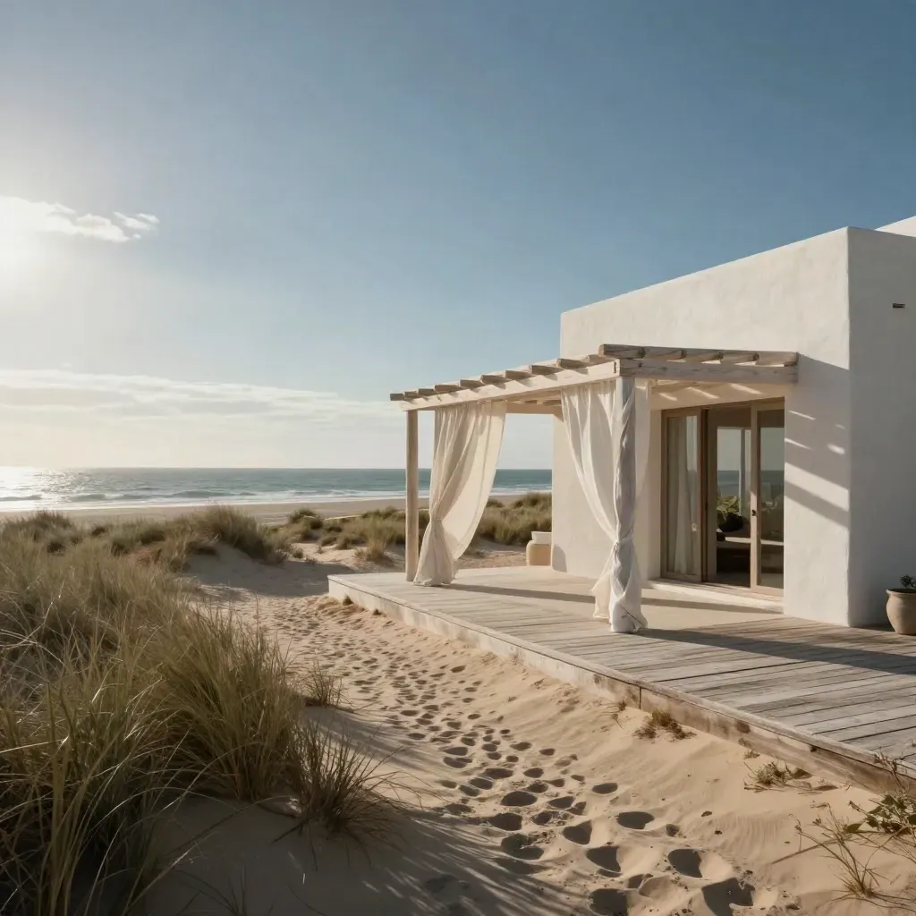 Villa bianca sul mare con terrazza in legno, dune di sabbia e tende mosse dal vento.