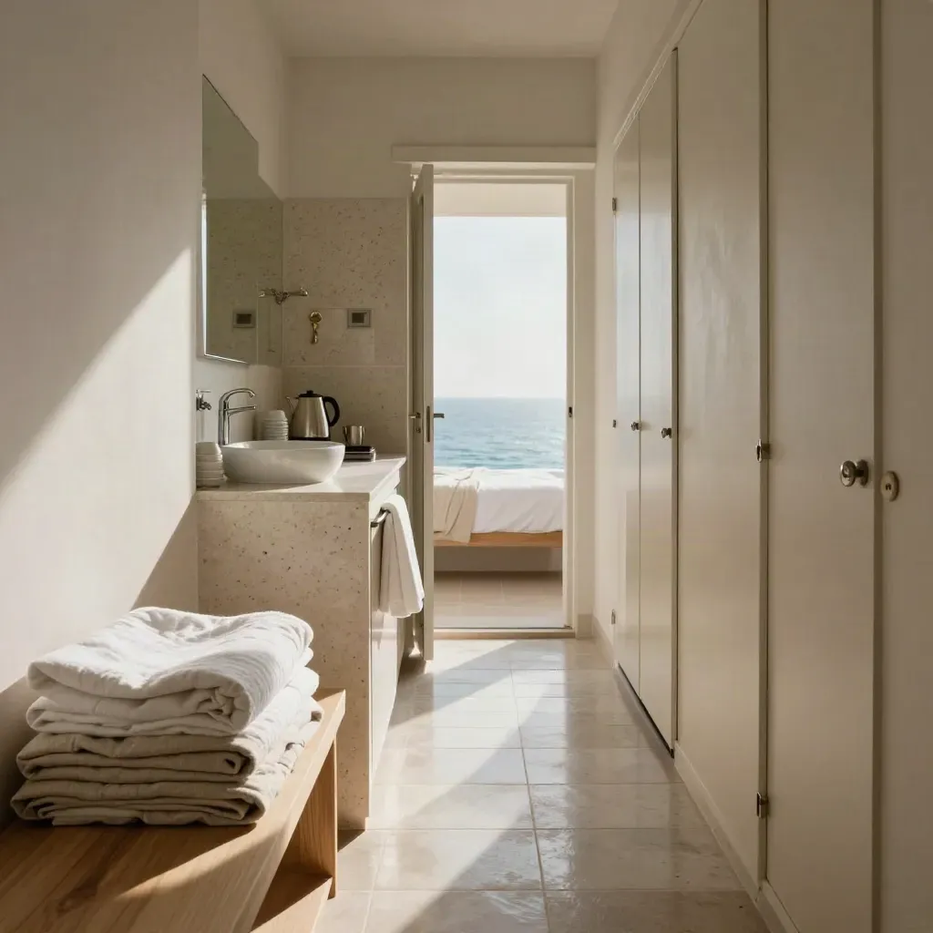 Corridoio con bagno e angolo cottura aperti, lino piegato e ceramiche chiare.