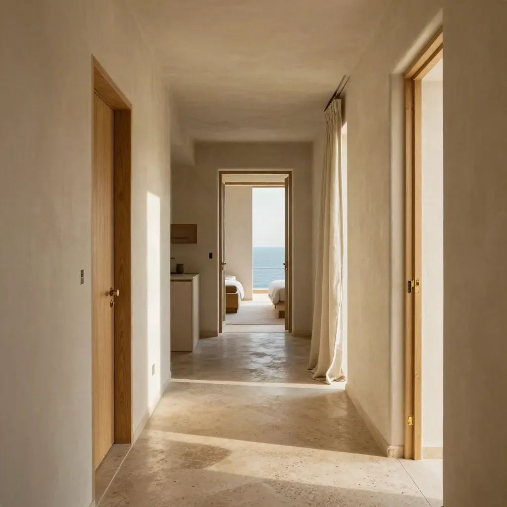 Corridoio di casa vacanza con vista su camera, cucina e luce verso il mare.