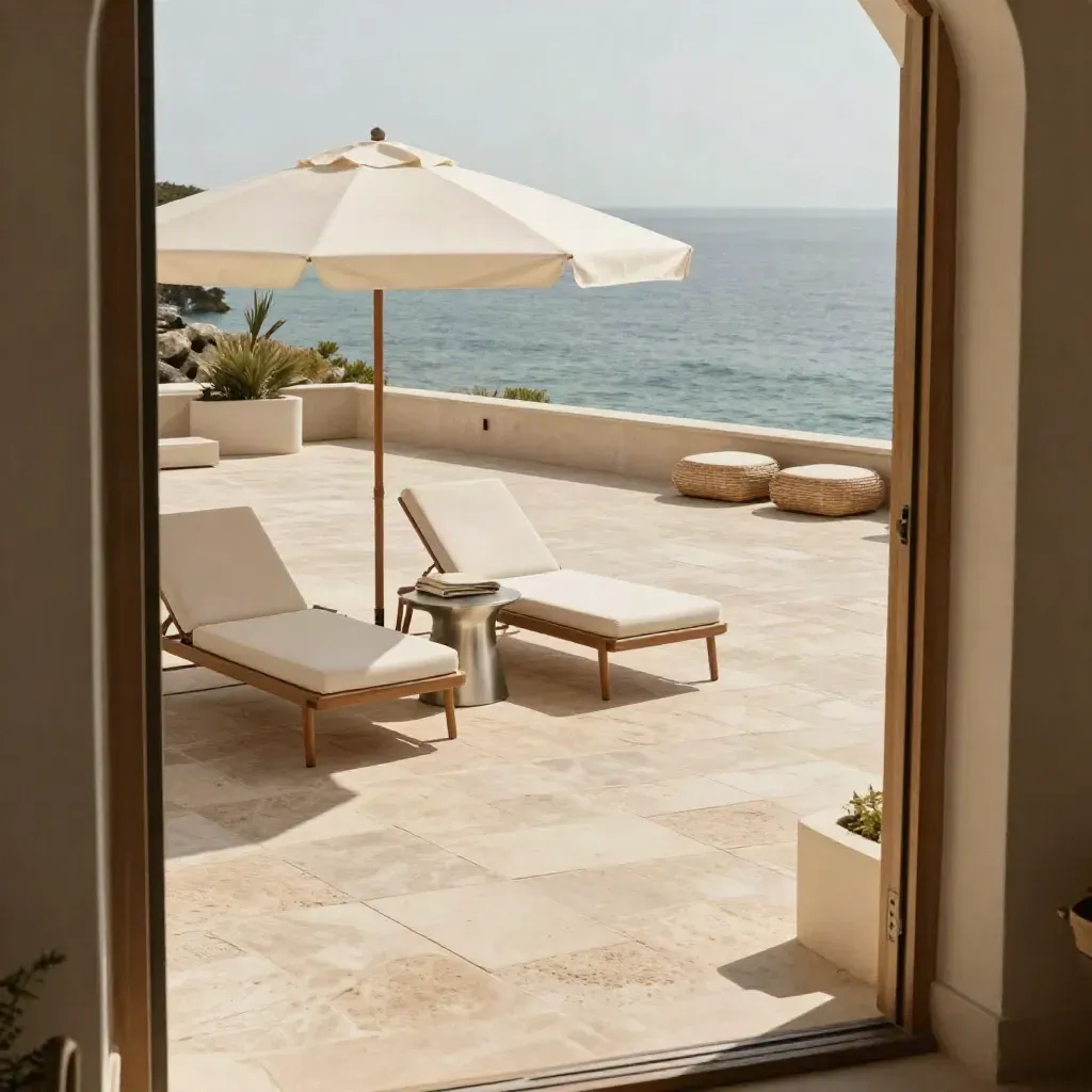 Terrazza estiva ordinata con lettini, ombrellone chiaro e luce calda mediterranea.