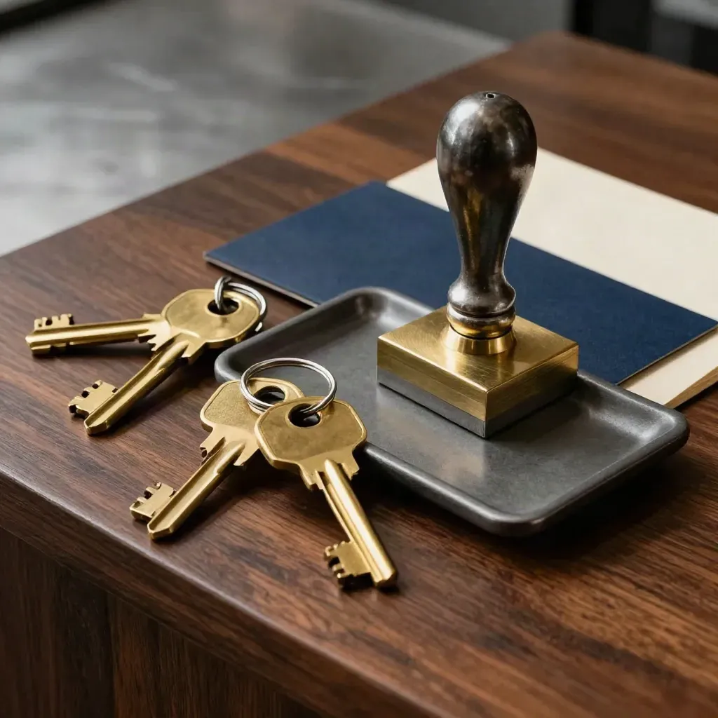 Chiavi in ottone, timbro metallico e vaschetta ricevute su legno scuro con accento blu navy.