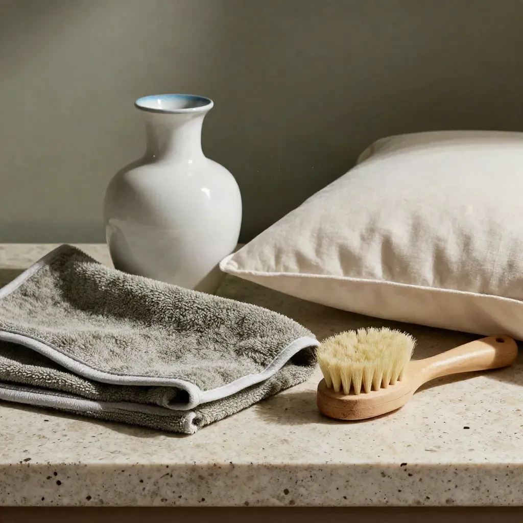 Kit foto di casa con vaso in ceramica, panno in microfibra, inserto cuscino e spazzola su davanzale.