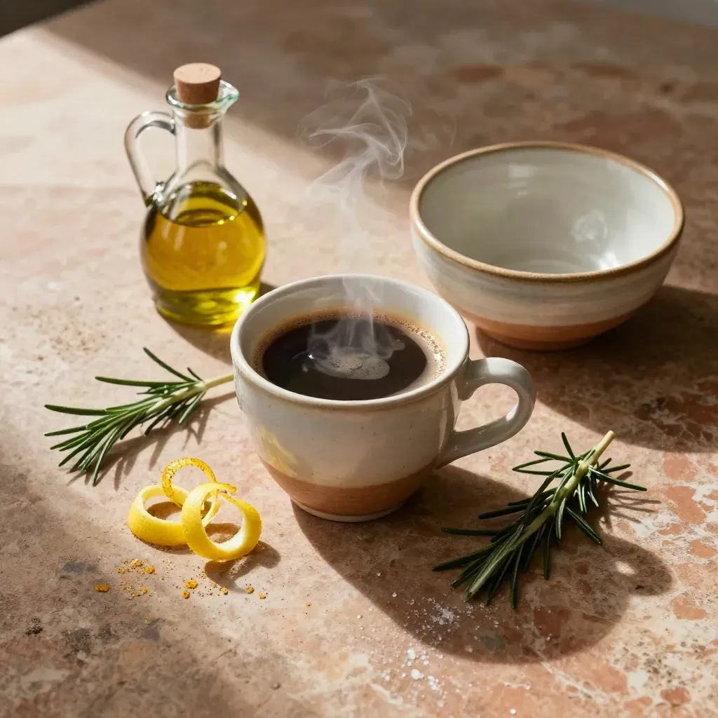 Tazza di caffè, scorza di limone, rosmarino, oliera e ciotola in ceramica su pietra rustica.