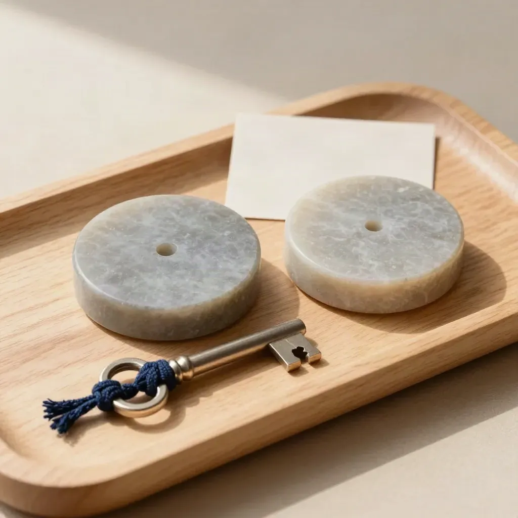Dischi di pietra, chiave e cordino di lino su vassoio in legno chiaro, luce morbida dall’alto.